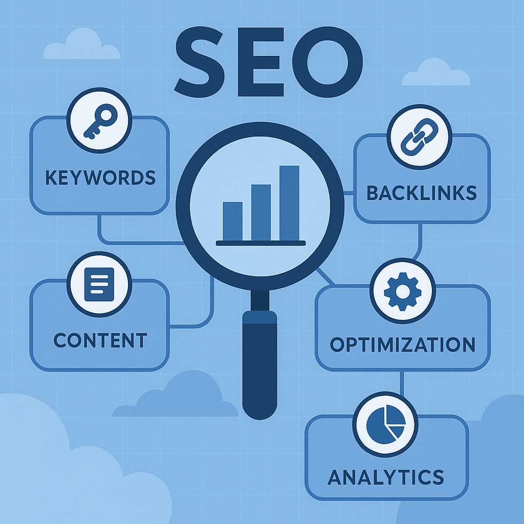 اجزای کلیدی سئو سایت - کلمات کلیدی، محتوا، بک‌لینک، بهینه‌سازی و آنالیز عملکرد