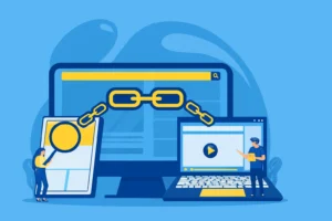 تصویر مفهومی از لینک‌سازی معتبر با نمادهای جستجو، اتصال و محتوای چند رسانه‌ای