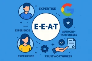 مفهوم E-E-A-T گوگل شامل تجربه، تخصص، اعتبار و اعتماد در ارزیابی کیفیت محتوا